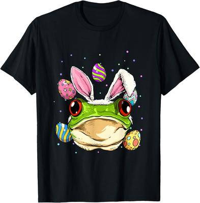Frog Easter Bunny Eggs Graphic Tee Soft Cotton Crew Neck T-Shirt Holiday Gift