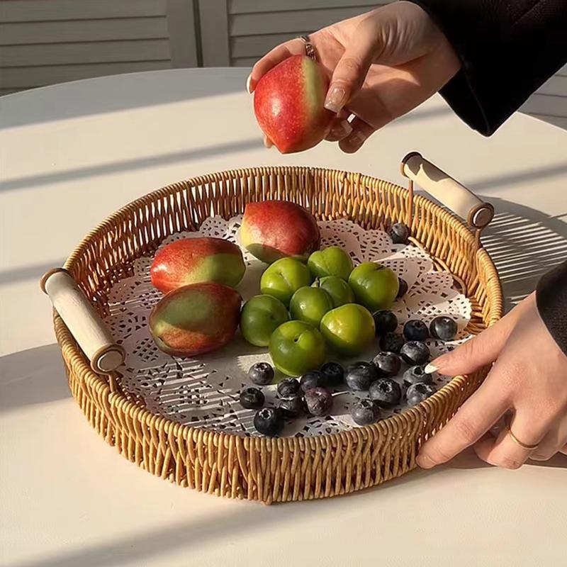 1Pc Plastic Tray Sundry Organizer Tray With Wooden Handle Desktop Decoration Storage Tray Jewelry Placement