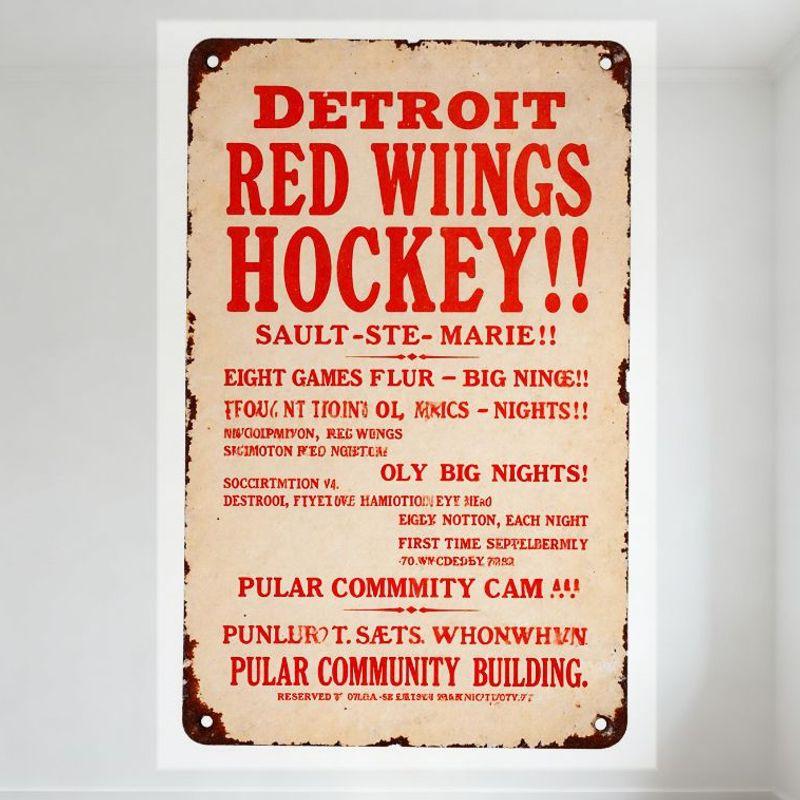 Винтажная ржавая металлическая рекламная табличка хоккейного матча «Детройт Ред Уингз», Солт-Сте. Мари Ретро Спортивный Декор с Жирным Красным Текстом, 20x30cm（7.8x11.8inch）