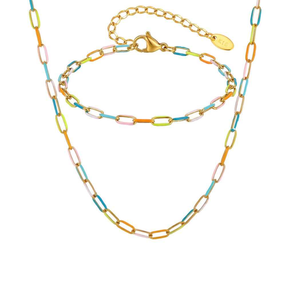 Bohemian Summer Colorful Drip Oil Stainless Steel Chain Necklace Bracelets for Women, Aesthetic Boho Jewelry Set Accessories