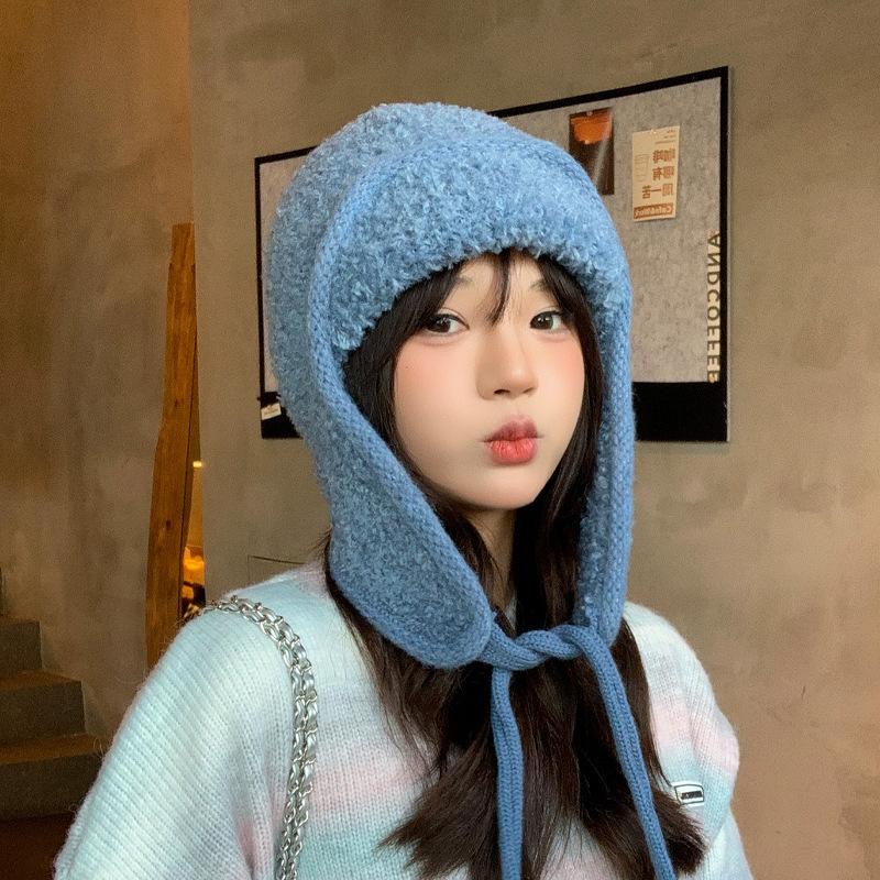 Autumn And Winter Haze Blue Knitted Hat Women'S Cold Protection And Warmth Korean Version Versatile Face Small Ear Protection Pullover Hat