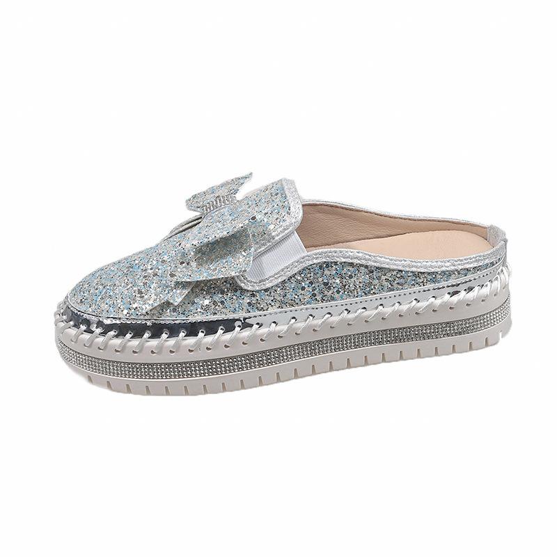Large Size Casual Single Shoes Women's Spring New Flat Bottom Thick Bottom Round Head Bow Sequined Half Slippers Women