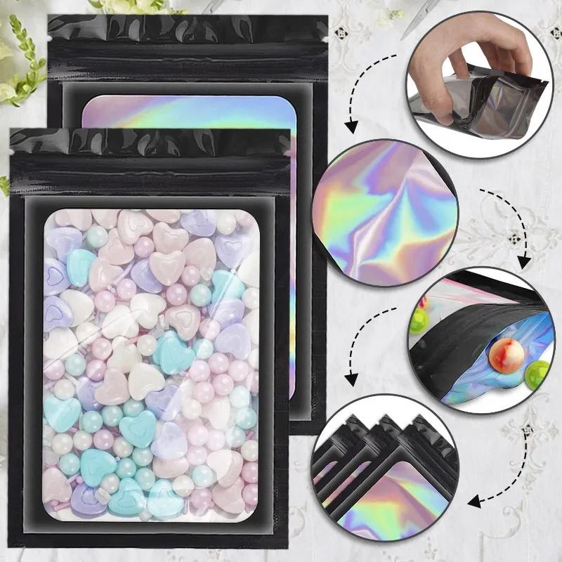 500Pcs Holographic Ziplock Bags Plastic Laser Iridescent Zip Bags for Manicure Eyelash Display Earrings Ring Jewelry Storage Bag