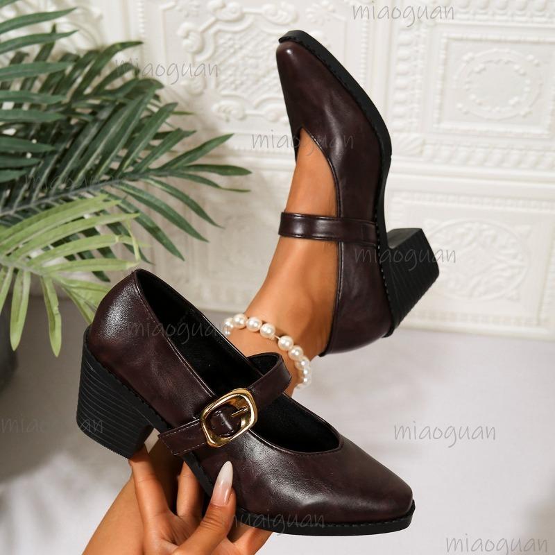 Office Ladies Elegant High Heel Pumps Brown Buckle Straps Chunky Heeled Mary Janes Women's Autumn Zapatillas De Mujer Size 36-43
