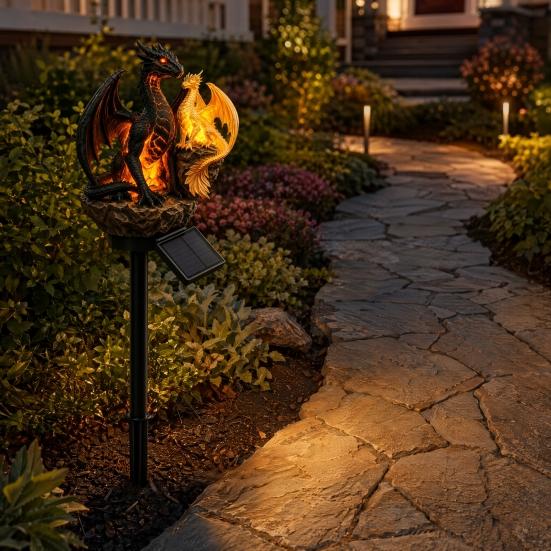 Lampada Solare a Forma di Drago Luce da Giardino, Statua da Esterno, Decorazione Fantasy Figurine Ornamento per Sentiero Prato, Regalo Unico per Amanti Luce Decorativa per Cortile