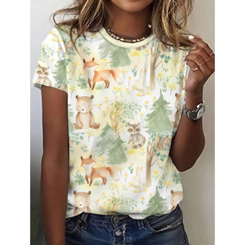 

Забавные женские футболки с мультяшными животными, милые мультяшные персонажи, футболка с 3D-принтом, повседневная одежда с коротким рукавом и круглым вырезом для женщин 5XL