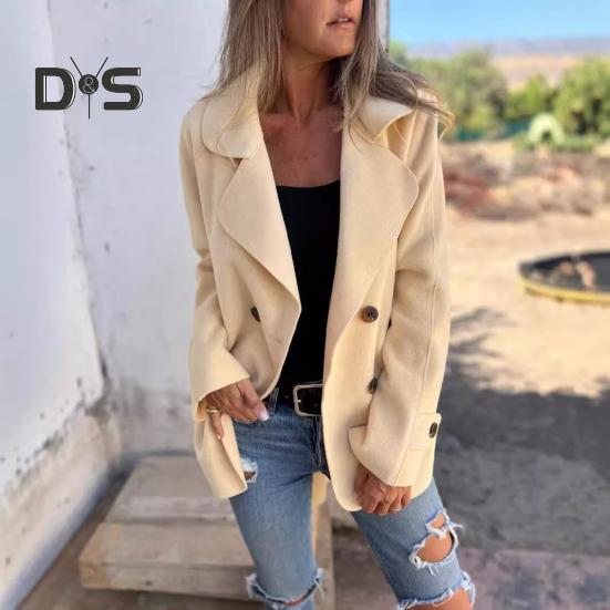 Sobretudo de inverno feminino, gola virada para baixo, cor sólida, dupla face, lã, trespassado, solto, casaco térmico, manga comprida, para deslocamento, namoro, primavera