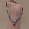 Blue Crystal Bead Heart Charm Necklace Adjustable Length Clavicle Chain Retro Style Jewelry for Everyday Casual Wear