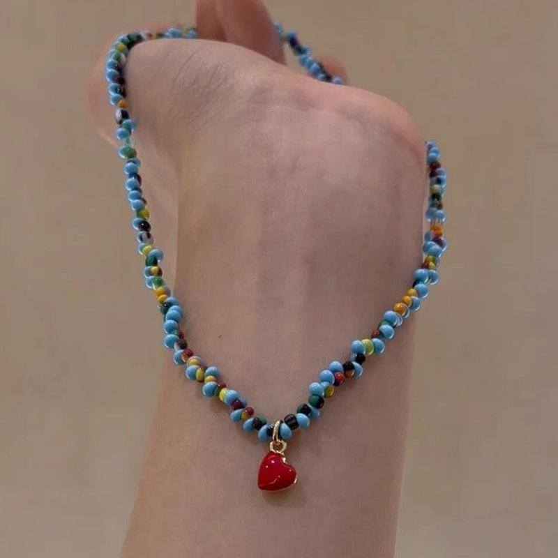 Blue Crystal Bead Heart Charm Necklace Adjustable Length Clavicle Chain Retro Style Jewelry for Everyday Casual Wear