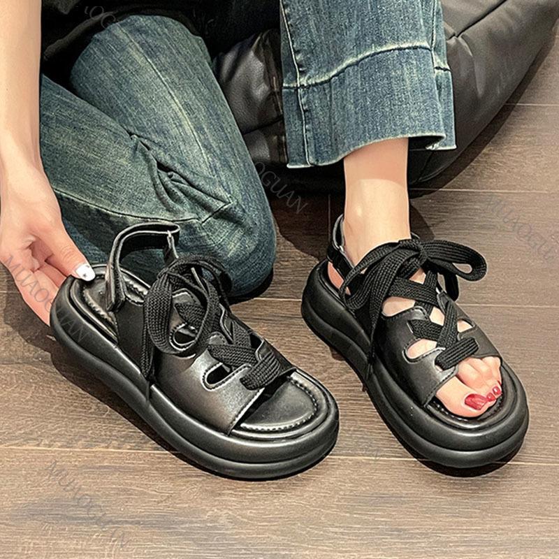 Fashion Thick Bottom Sports Sandals Women Summer Shoes Hollow Breathable Strappy Roman Shoes Beige Black Flat Leisure Soft Sole Sandales