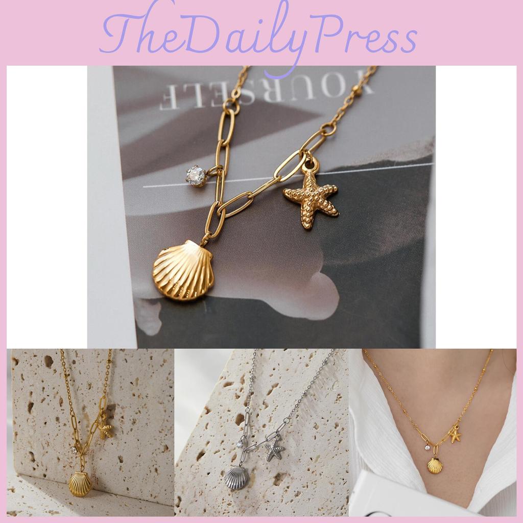 Stunning Gold And Silver Titanium Steel Starfish Shell Pendant Necklace For Women