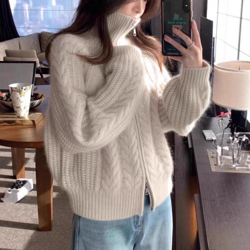 Women's Retro Cable Knit High Neck Wool Cardigan - Double Zipper, Thick & Loose for Autumn/Winter