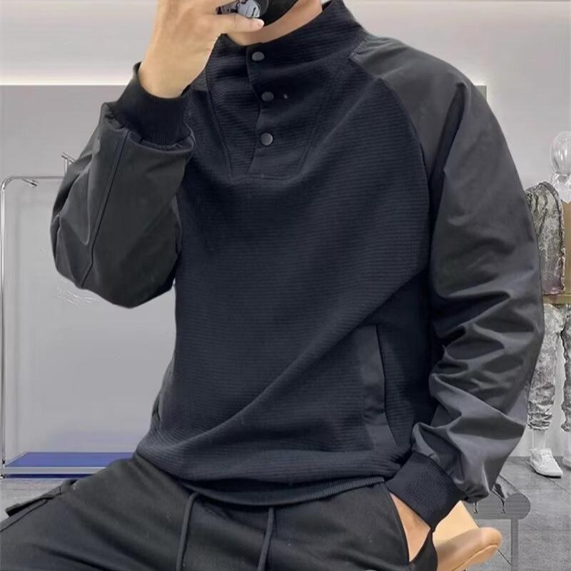 2026 Spring and Autumn New Stand-up Collar Sweater Men's Splicing Handsome Jacket High-end Design Casual Pullover Loose Top