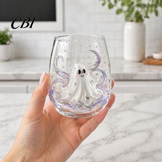 Clear Glassware for Kitchen Halloween Artisan Glassware, Stemless Drinking Glasses with Raised Pumpkin Ghost Black Cat Web Restaurant Grade Glass Cup
