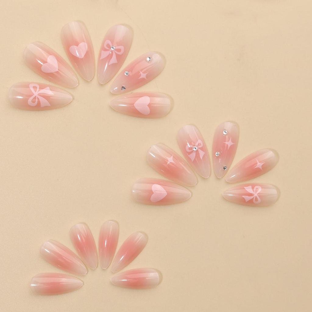 French Chic Heart Bow Star Wearable Nails - Sweet European & American Medium Long Designs