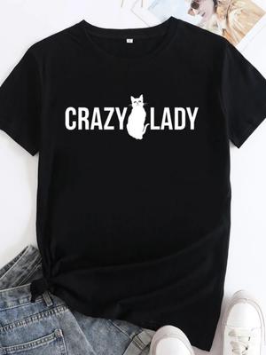 Crazy Lady Cat Print Women T Shirt Short Sleeve O Neck Loose Women Tshirt Ladies Tee Shirt Tops Camisetas Mujer
