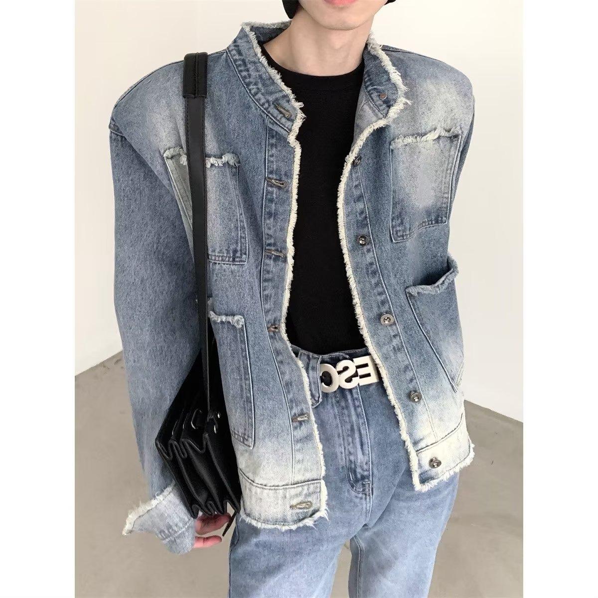 

Men s Retro Raw Edge Denim Jacket - Trendy, Loose Fit for Autumn & Winter XL синий