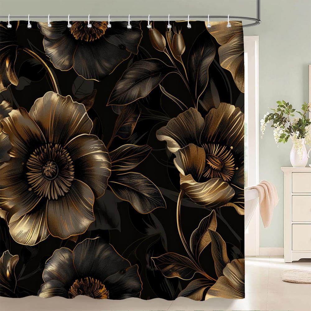 Home shower curtains for bathroom waterproof fabric Black and gold Flower bathroom Curtains with hooks decorative curtain