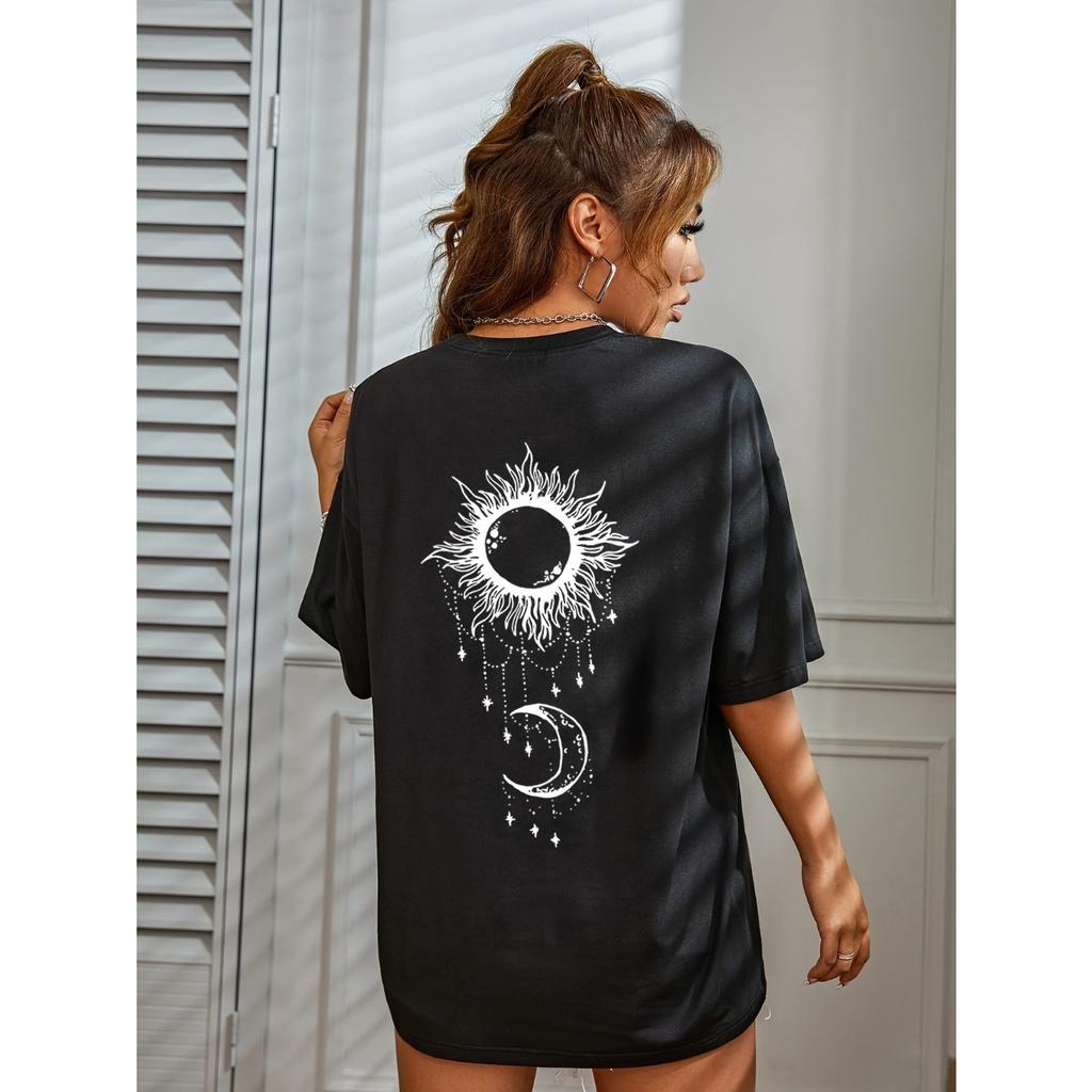 Women's Casual Short Sleeve T-Shirt Black Starry Sky Moon Print Round Neck Top Spring Summer Summer Fashion
