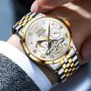 OLEVS Men's Automatic Mechanical Watch with Moon Phase Display, Stylish Skeleton Design, Waterproof, Popular, Luminous Watch, White & Gold