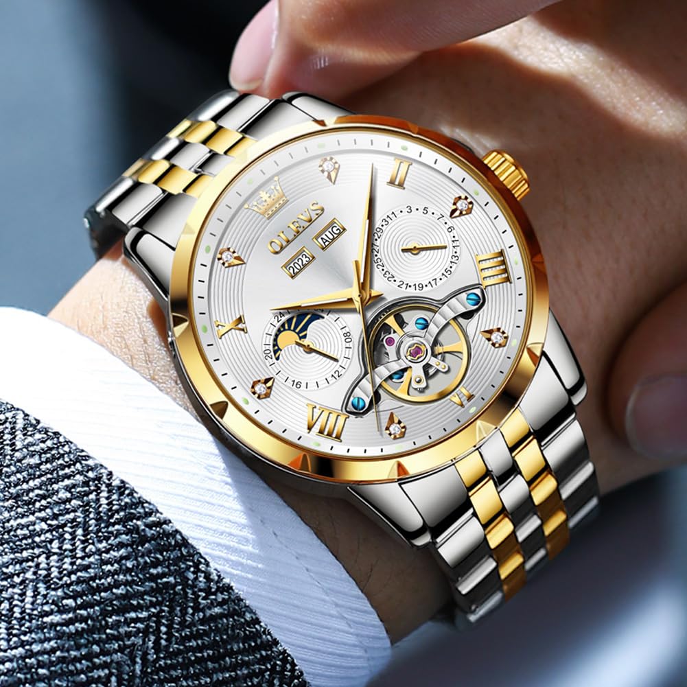 OLEVS Men's Automatic Mechanical Watch with Moon Phase Display, Stylish Skeleton Design, Waterproof, Popular, Luminous Watch, White & Gold