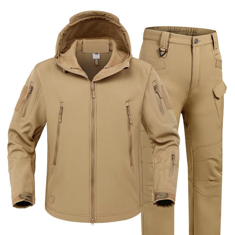 

Мужские походные куртки Outdoor Soft Shell Костюмы Водонепроницаемые Камуфляжные Штаны Тактическая Флисовая Куртка с Капюшоном Зимний Подарок Пояс M хаки