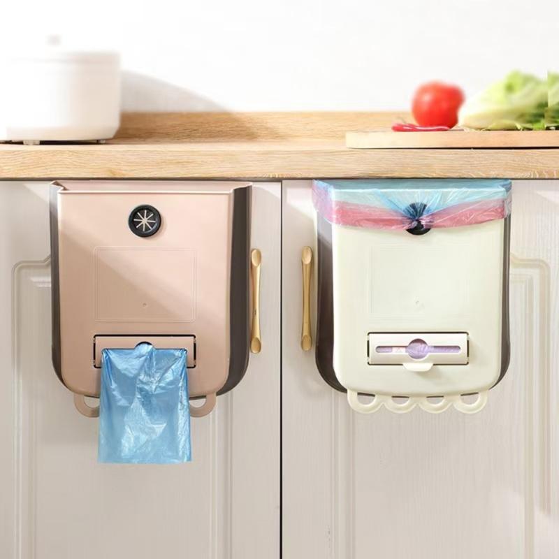 Wall-Hanging Folding Trash Container with Plastic Body for Kitchen Cleanup, Laundry Rooms, Dorms, and Office Use