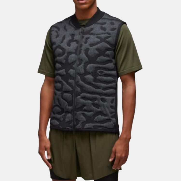 Y-3 Patterned Print Baseball Collar Zipper Sleeveless Vest Unisex Vests Black IX0005