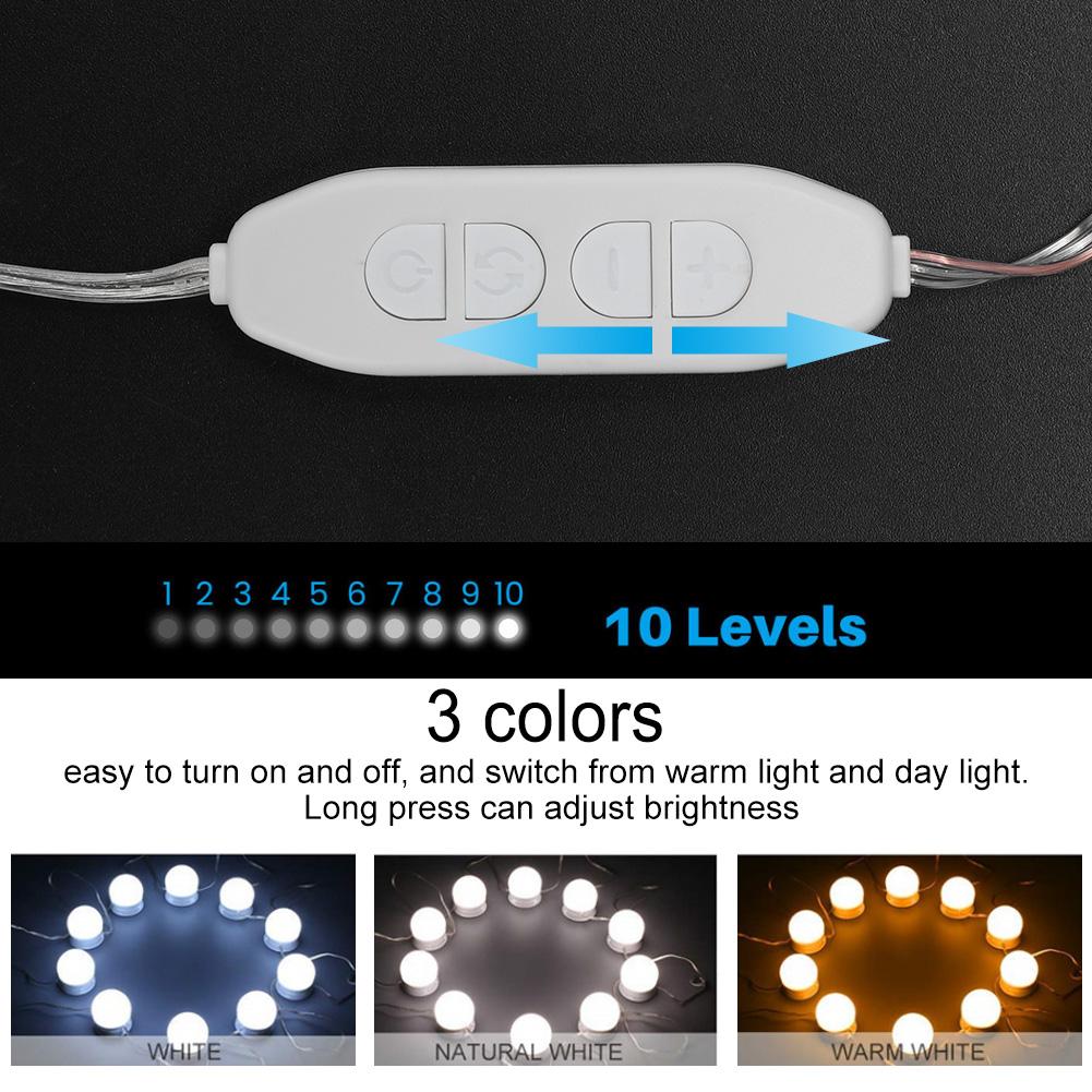 10 LED Trójbarwne Ściemnialne Żarówki Zestawu Oświetlenia Lusterkowego do Makijażu, Lampka Stołowa do Makijażu z
