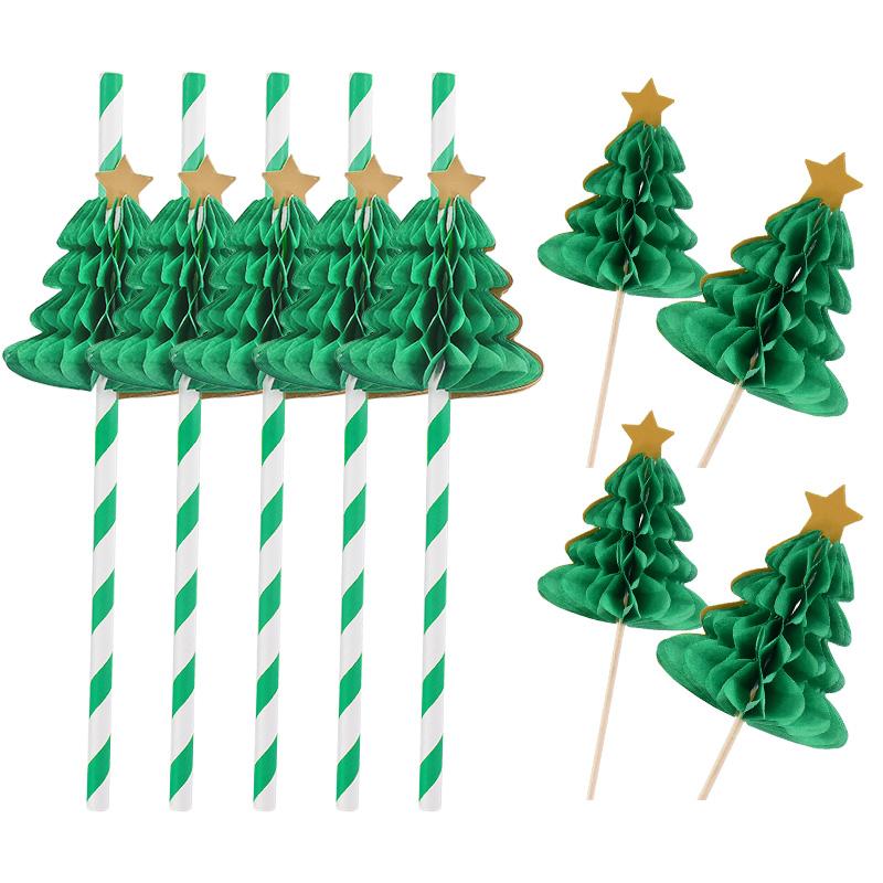 10Pcs Christmas Tree Cupcake Topper Food Fruit Picks Honeycomb Paper Straw 2024 Christmas Party Cake Decoration 2025 New Year