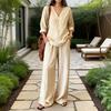 Women Linen 2 Piece Sets Summer Long Sleeve V Neck Shirts Matching Wide Leg Pants Lounge Sets Casual Beach Vacation Outfits