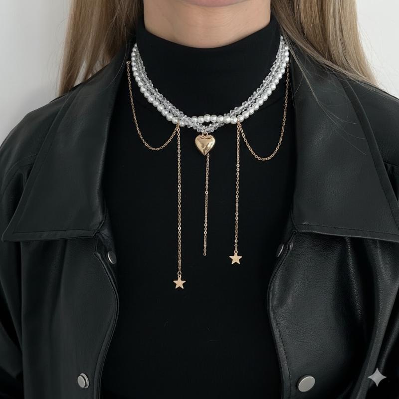 Trendy Pentagram Star Heart-Shaped Tassel Pendant Necklace Creative Multi Layer Imitation Pearl Choker