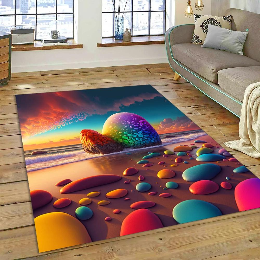 2025 New Style Colorful Pebble Rainbow Road Beach Stone Scenery Carpet Rug for Living Room Bedroom Home Sofa,Non-slip Floor Mat