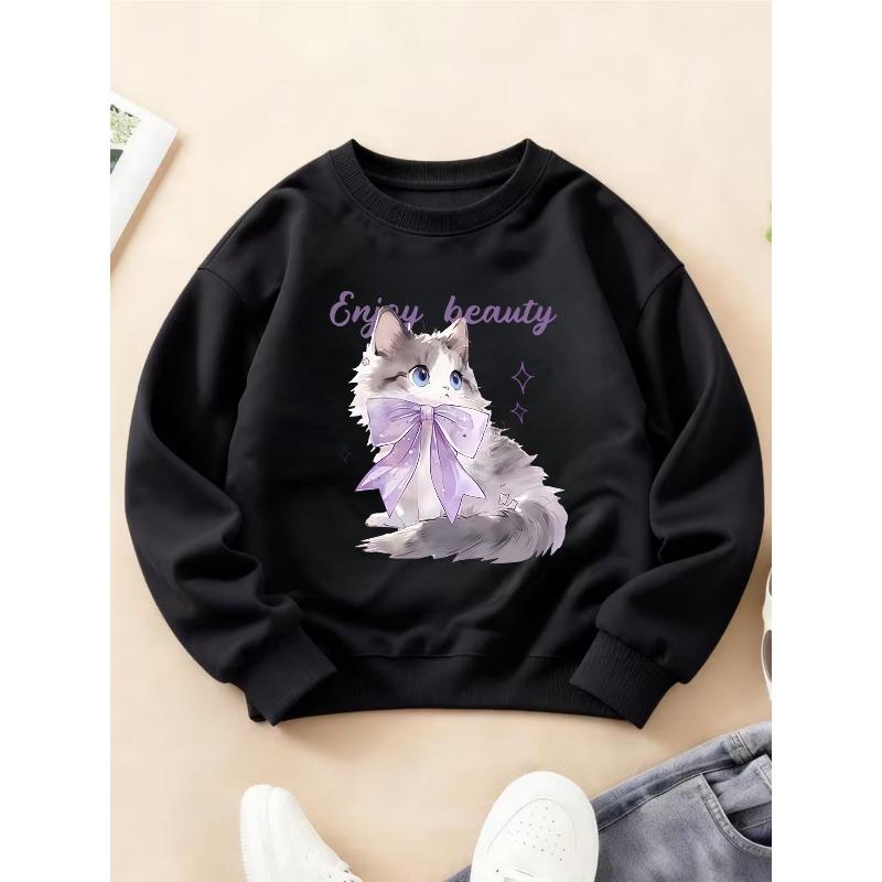 Kids Crewneck Long Sleeve Sweatshirt, Bow Kitten Print, Sports Casual Top for Autumn Winter