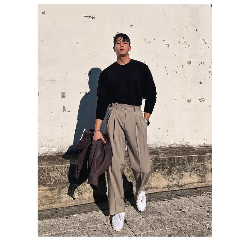 Men High Waist Double Pleated Loose Straight Non Iron Casual Suit Trousers