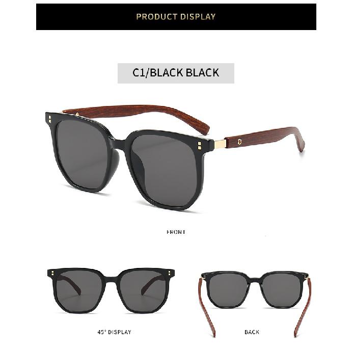 Tea-colored sunglasses for women, retro-style with faux wood grain frames, suitable for round faces, TR material, sun protection