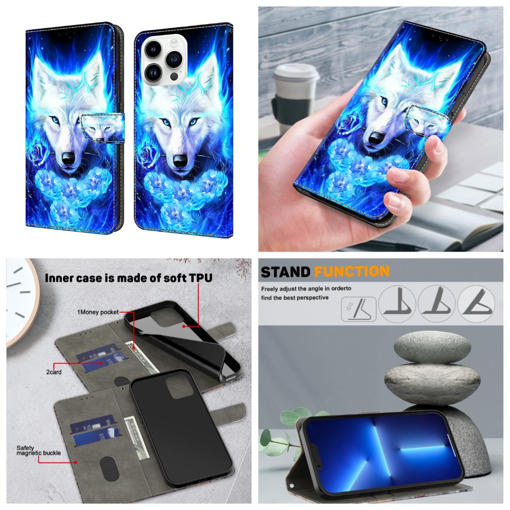 Cool White Wolf Pattern PU Leather Wallet Phone Case Shockproof Card Slots for iPhone,Samsung,Huawei,Xiaomi,Motorola,Oppo,Google,Nokia,LG,Oppo,Sony.