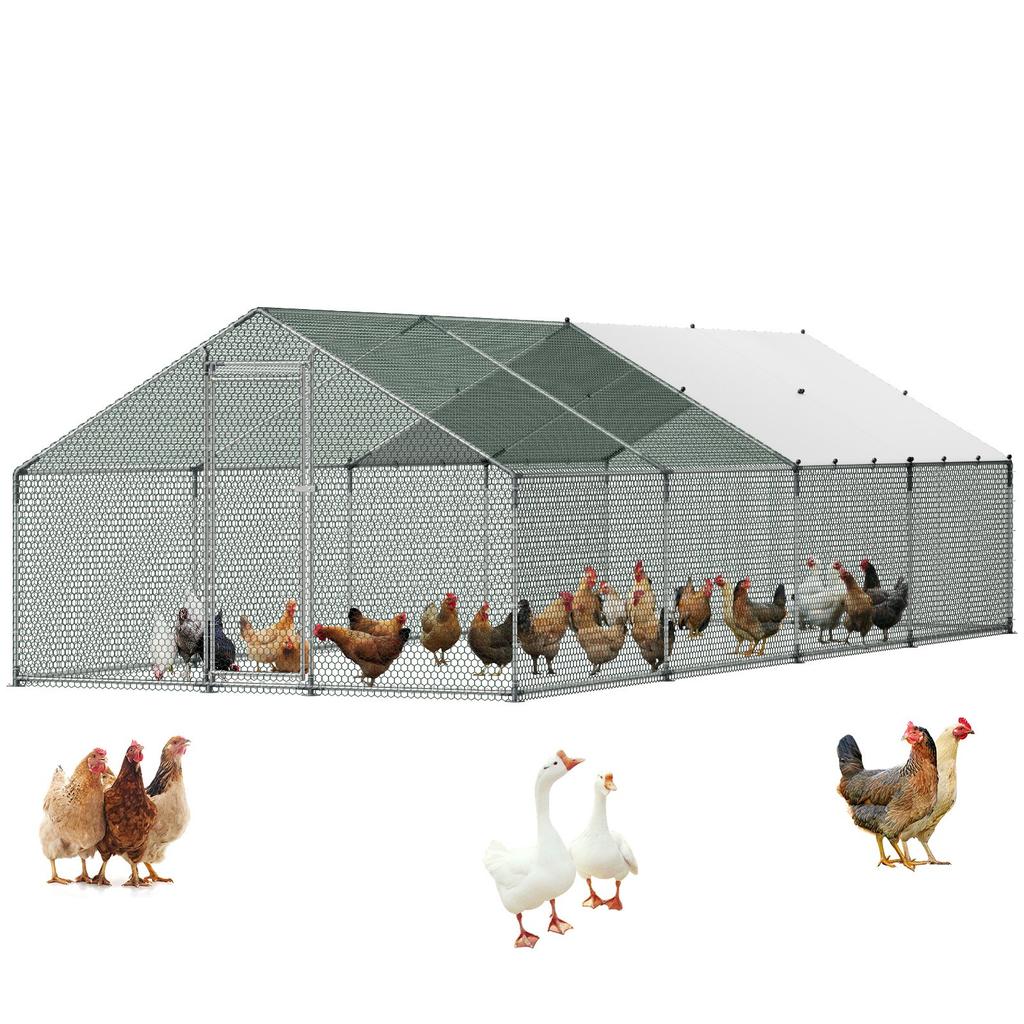 VEVOR Large Metal Chicken Coop, 3 X 8 X 2 M, Walk-in Chicken Runs with Waterproof Cover, Spire Roof Hen House Enclosure with Lock