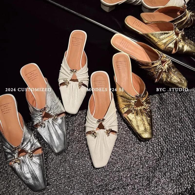 Fashion Women's Slippers Square Toe Metal Decoration Square Heel Women's Mules Leisure Daily Cover Toe Sexy Zapatillas De Mujer