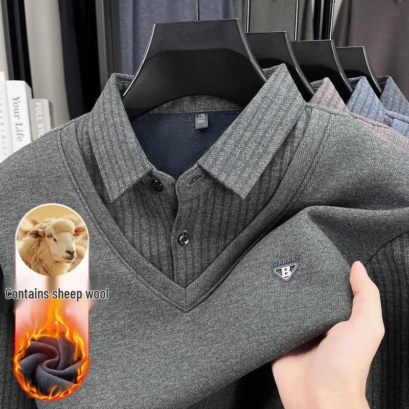 

Men s Winter Velvet-Lined Knit Pullover with Lapel – Thickened Two-Piece Design for Dad 3XL зелений
