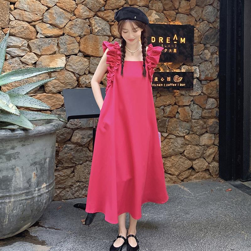 

White summer dopamine dragon fruit color fungus edge beautiful small fly sleeve dress long women s summer new M