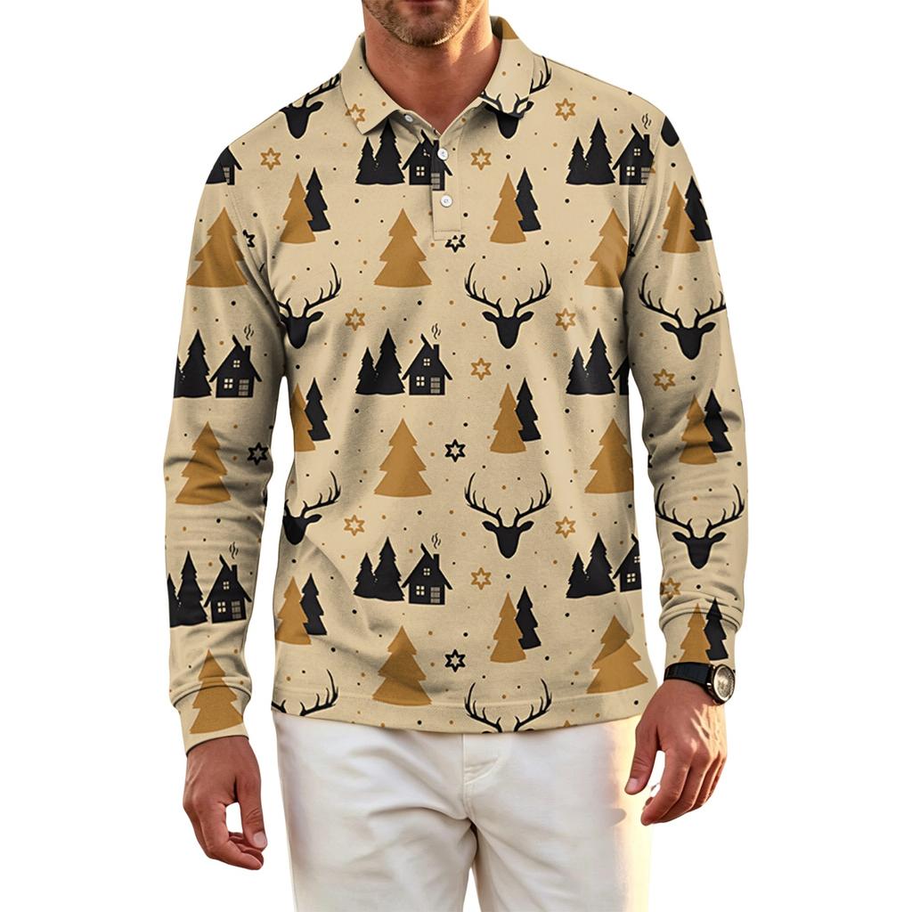 Men's Casual Quick-Dry Mesh Golf Shirt Long Sleeve Christmas Print Top