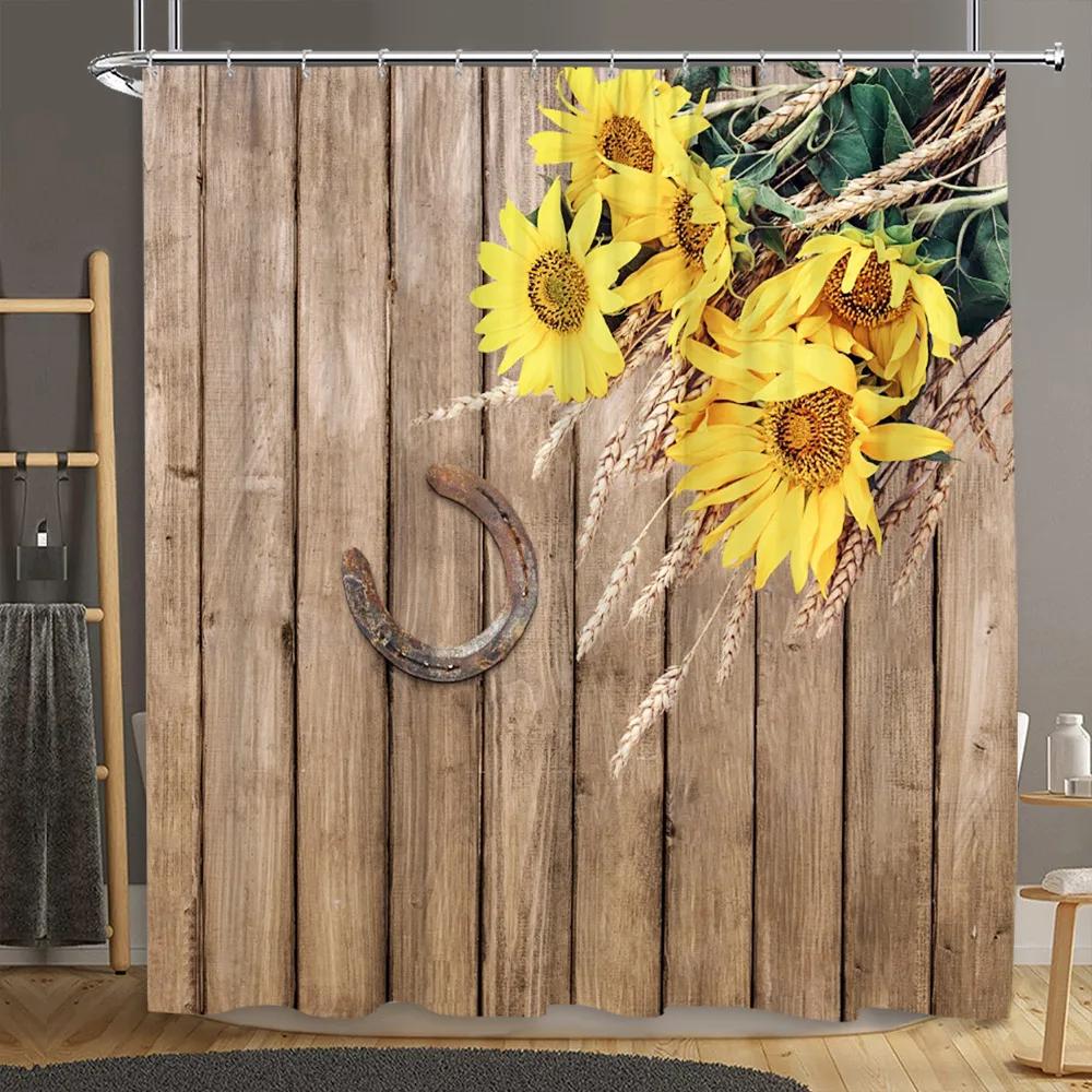 Brick Wall Shower Curtain Botanical Flower Natural Farm Vine Barn Rustic Wood Panel Home Polyester Fabric Bathroom Decor Curtain