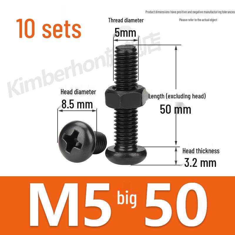 Complete Set of Black 304 Stainless Steel Phillips Round Head Screws and Nuts - M2M3M4M5M6MM.