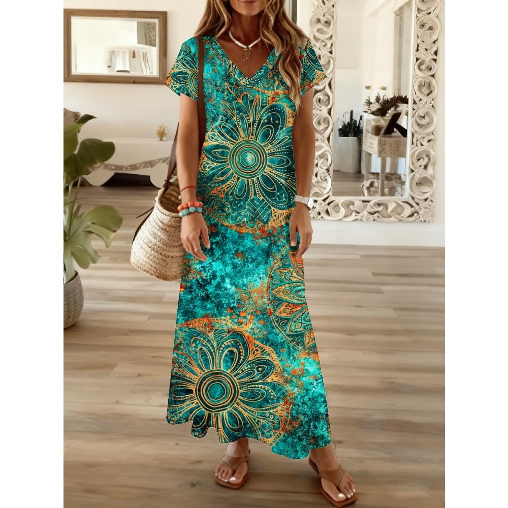 Jade green and orange mandala pattern Bohemian style summer beach vacation long dress 2XL