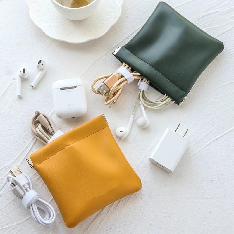 Fashion Leather Storage Bag Automatic Closure Waterproof Purse Portable Earphone Charging Line Cosmetic Lipstick Jewelry Bag