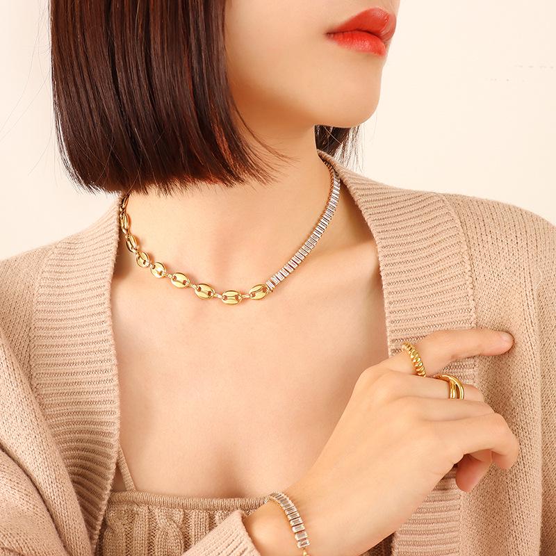 Geometric Zircon Pig Nose Spliced Bracelet & Necklace Set - European/American Nude Chain, Non-Fading P196-E009