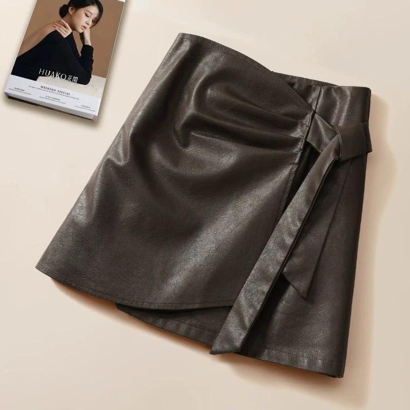 Women's High Waisted Tie Waist Faux Leather A-Line Midi Skirt With Slit