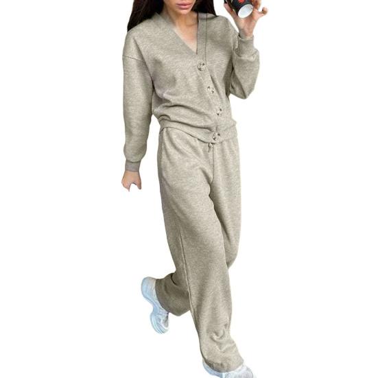 2 Stück/Set Damen Hemd Hosen Set V-Ausschnitt Einreihig Langärmlig Gestrickt