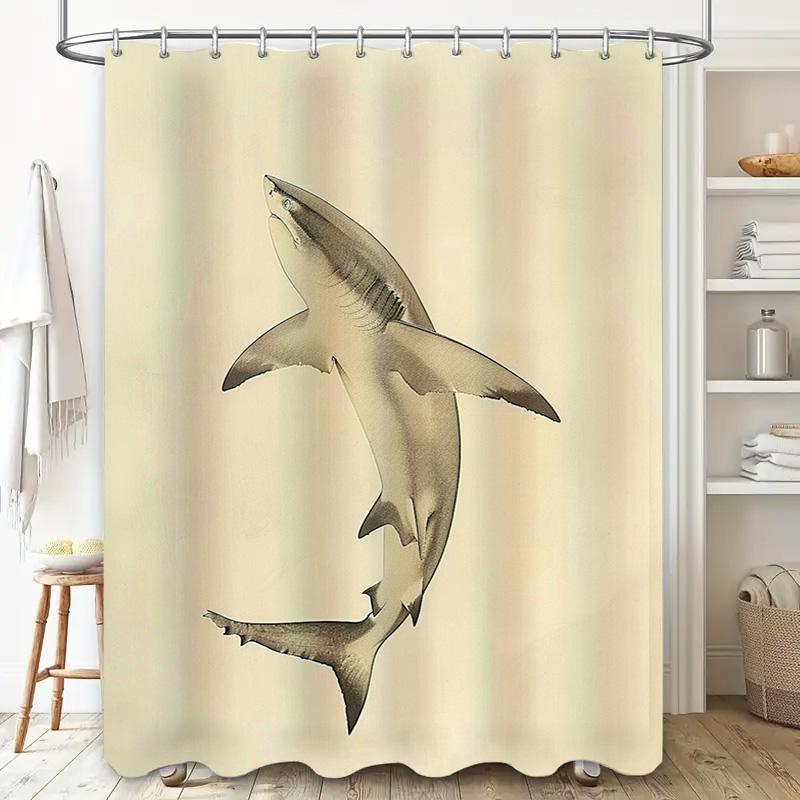 Luxurious Bathroom Decorshark-Themed Shower Curtain Set With Metal Rods For Home Decoration Modern Waterfall Design In Beige Per